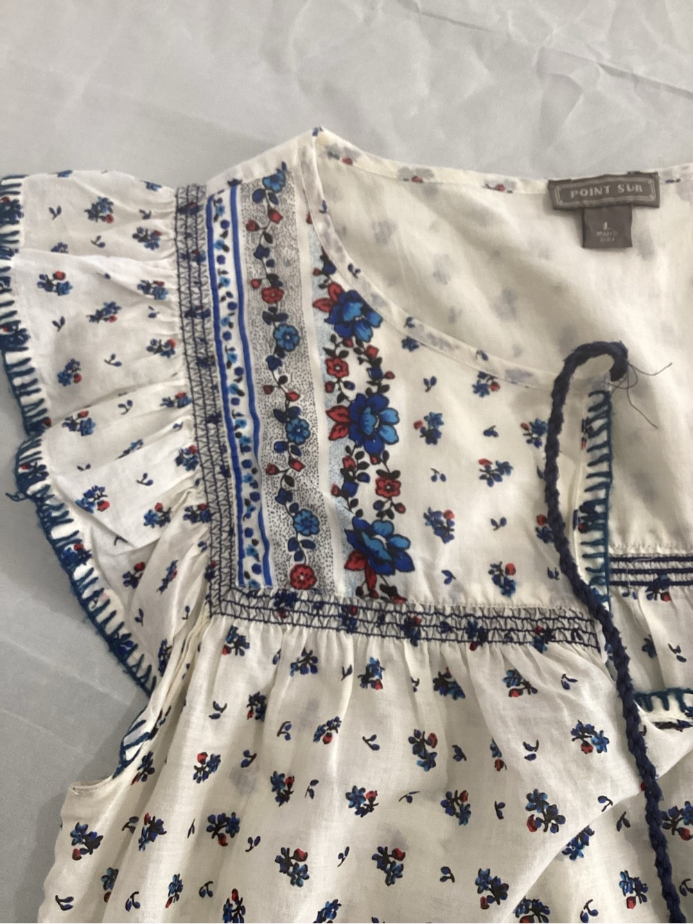 Point Sur Boho White Floral Peasant Blouse with Blue Border size large #17 - Picture 7 of 7